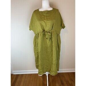Buykud XL 100% Pure Linen Dress Midi Green Lagenlook Prairie Peasant Minimalist